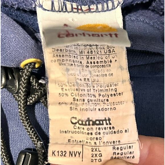 VTG 90s Carhartt Hoodie Pullover Spellout Sweatshirt Workwear K132 Navy Mens 2XL - Picture 3 of 8